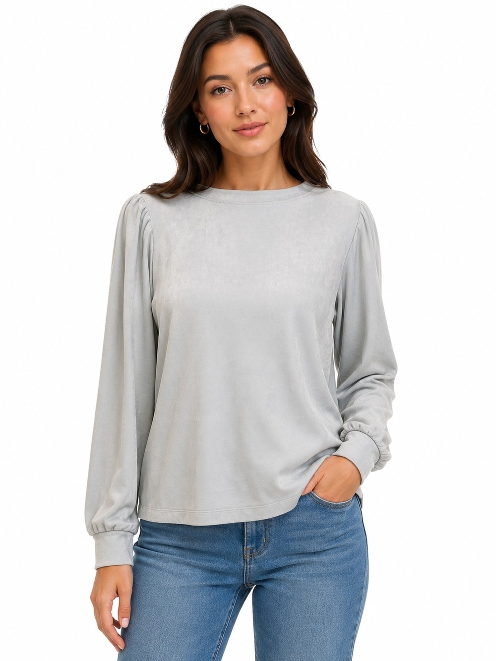 LOFT Light Gray Long Sleeve Puff Shoulder Top